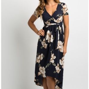 Navy and cream floral high/low faux-wrap dress